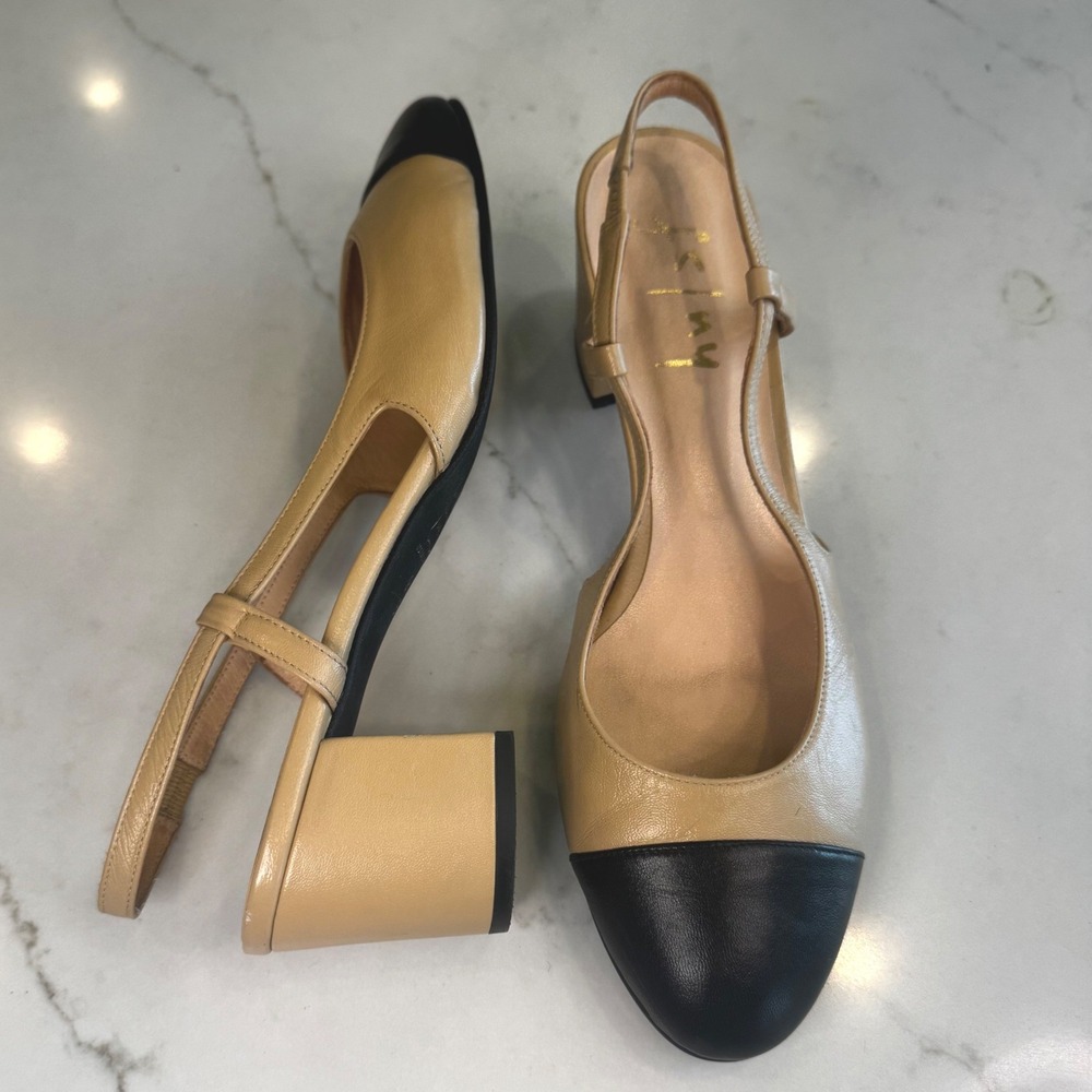 FS/NY French Sole Wom 9.5 B Beige Black Cap Toe Leather Slingback Low Block Heel